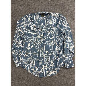 Ariat Shirt Womens Large Blue White Western Print Button Front Long Sleeve